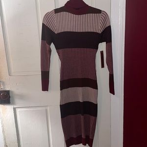 Burgundy, white, and black striped turtleneck midi dress
